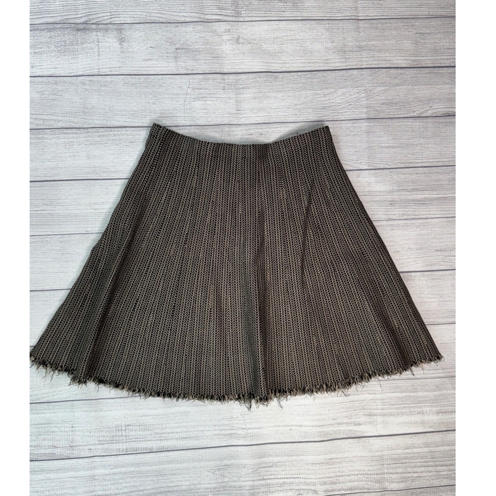 Vila Milano XL Black Tan Chevron Herringbone Knit A-Line Skirt Raw Fringe Hem - Picture 9 of 10